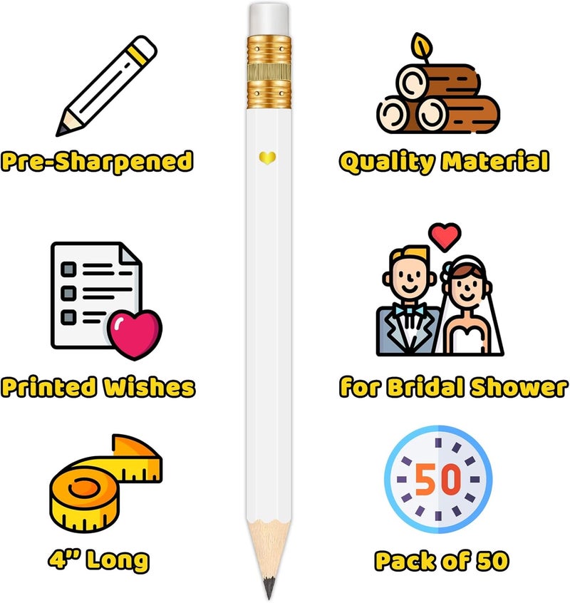 Vusnud 50Pcs - Bridal Shower Sharpened Half Pencils with Erasers, Pre-sharpened Pencils for Bridal Shower & Wedding Games, 4 Inches (White - Happily Ever After) - Image 3